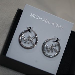 Michael Kors Silver-Tone Plated Brass Pavé Logo Hoop Earrings
